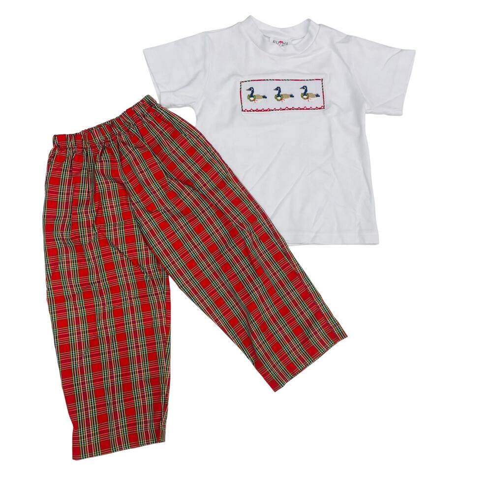 NWT Ruth and Ralph Size 24M Christmas Geese Smocked Beau T-Shirt/Pants Set